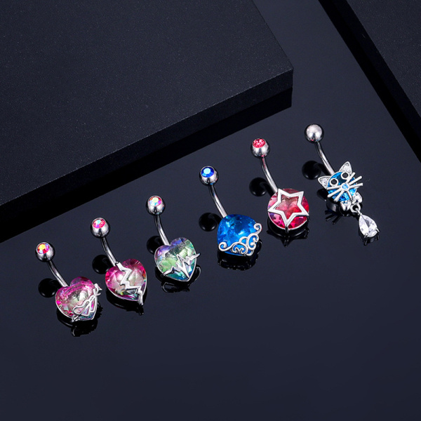 Kirurgiskt stål Crystal Belly Button Rings Zircon Heart Navel Pi C