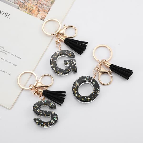 Sort Glitter Stjerne Pailletter Harpiks 26 Bogstaver Nøglering Initialer A G