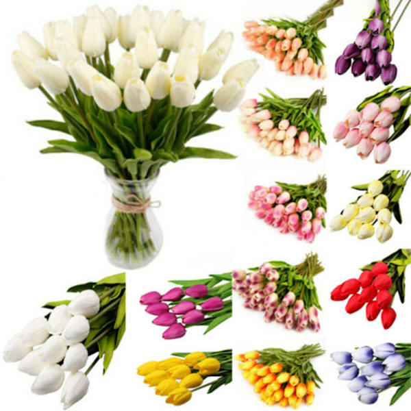 Kunstige Tulipan Blomster Falsk Bukett Real Touch Hjem Bryllup White