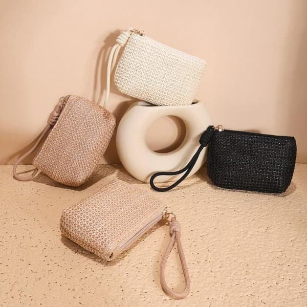Møntpung Strå Mini Pung Holdbar Lynlås Pengepose Kort Holder Light pink
