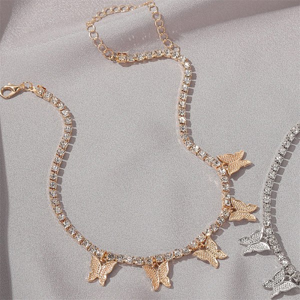 Kvinner mote Rhinestone Butterfly anheng Halskjede Retro gull Gold