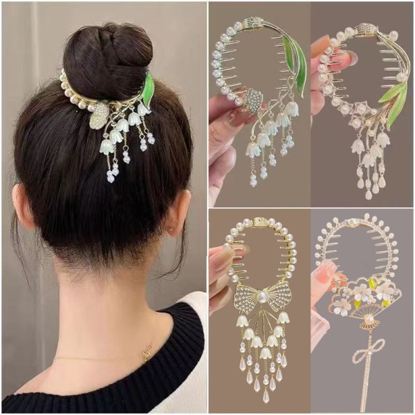 Elegant Flower Pearl tekojalokivi tupsu Pill Head Ponytail Buckl A7
