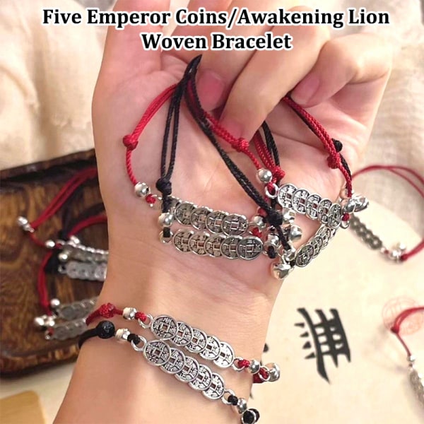 Fem kejsare pengar flätat armband Coin Awakening Lion Rope Ch A3