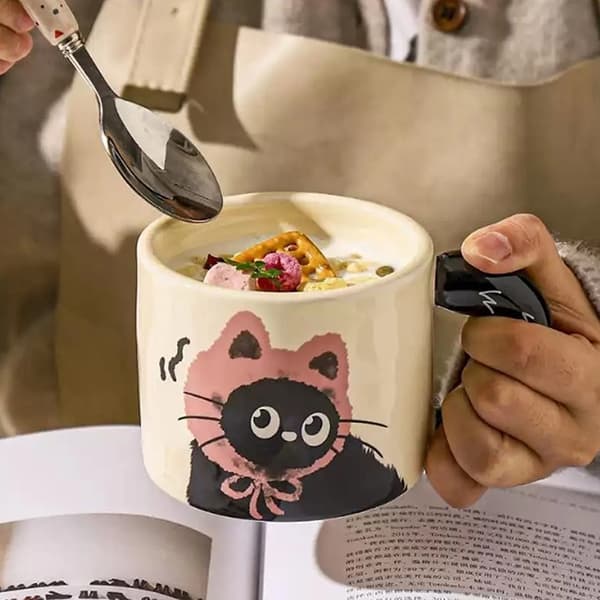 e Katt Keramisk Mugg Med Lock Kaffekopp Drickskopp Kontorspresent 002