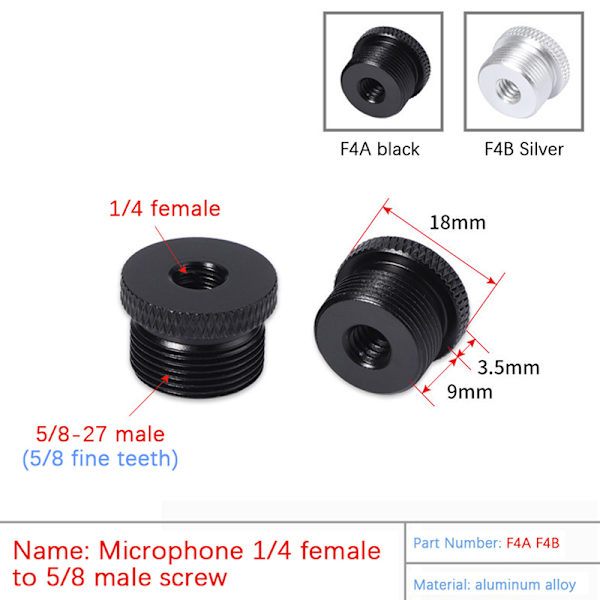 Mikrofonitelineen muunnosruuvit 1/4" - 5/8" kierreruuvi Mo Silver