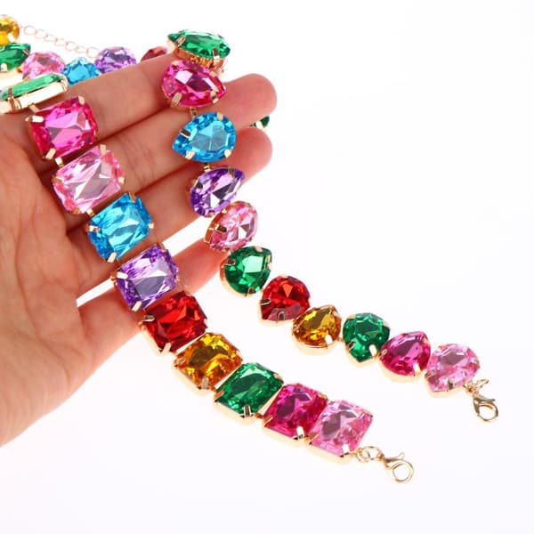 Farverig Rhinstenshalskæde Krystal Charms Choker Dame Smykker E