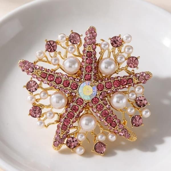 Glitrende Rhinsten Faux Perle Søstjerne Broche Sæt Forgyldt F A2