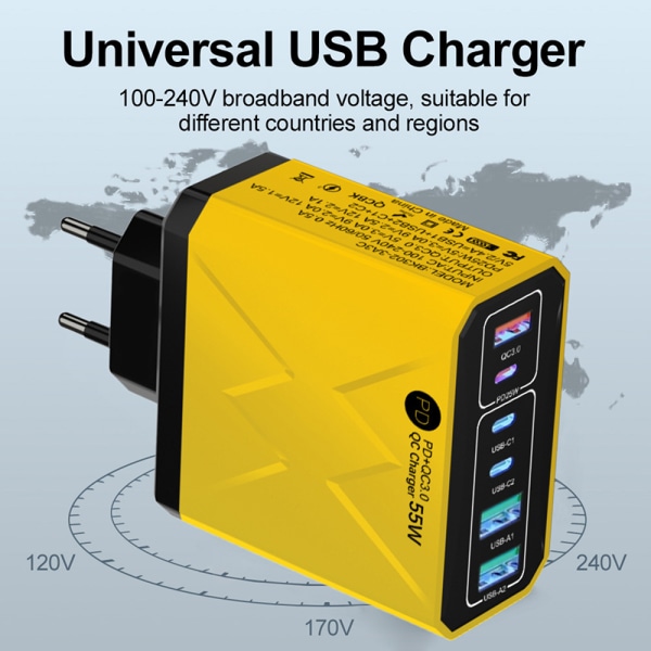 6 i 1 55W PD USB-lader Hurtiglading Quick Charge 3.0 Travel US