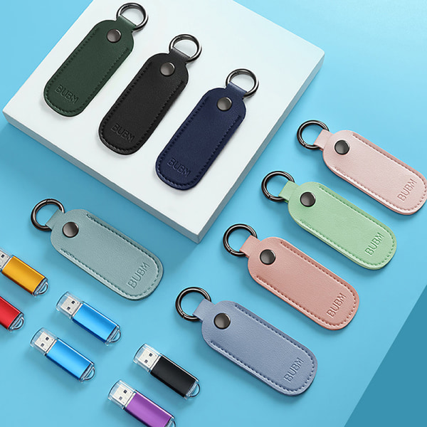 Läder U Disk Pouch Nyckelring Hållare Flash Drive Storage Bag Me Blue