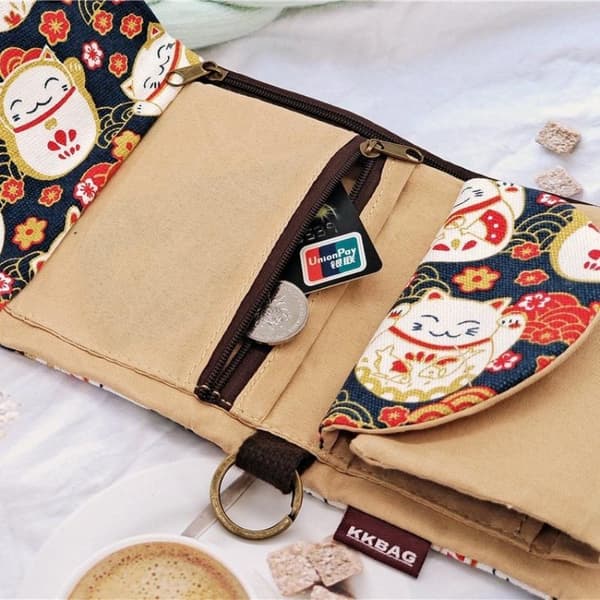Canvas Tecknad Katt Tryckt Unisex Trefaldig Kort Plånbok Pengar Nyckel E