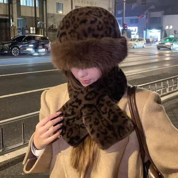 1/2 stk Retro Leopardmønstret Plysj Bøttehatt Dame Høst Vinter A5