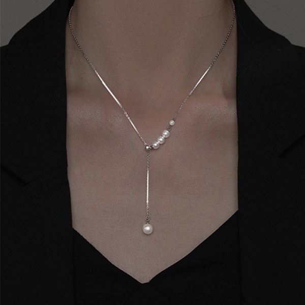 Pearl Tassel Justerbar Halskæde til Kvinder Fransk Simple Clavic Silver