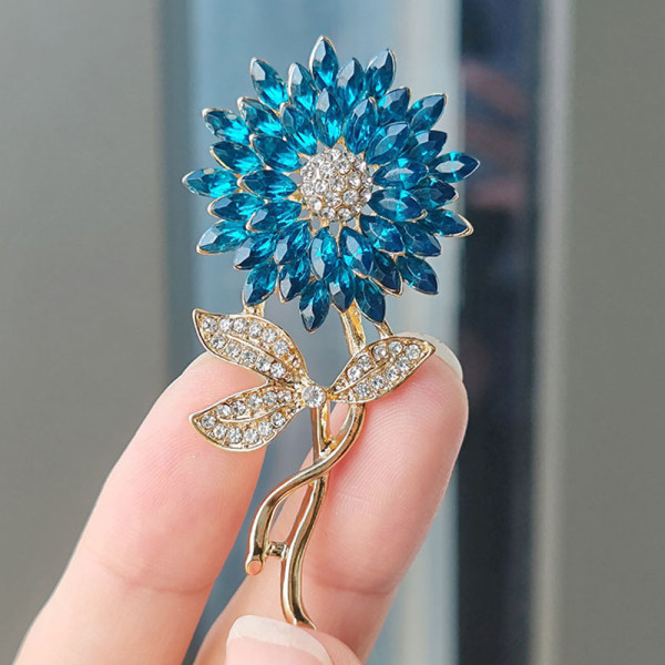 Trendy Udsøgt Stor Rhinestone Solsikke Broche Elegant Clot Blue