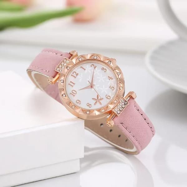 6 STK Dameur Mode Blomster Læderrem Analog Quartz (W A29