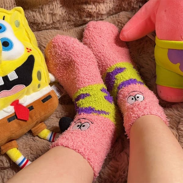 Vinter e tegneserie Svampebob Store Stjerne Korallfleece Sokker Kvinner A2