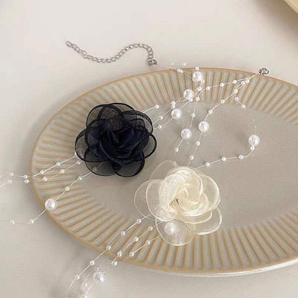 Romantisk svart og hvit choker blomst perlekjede kvinnelige Cl Beige