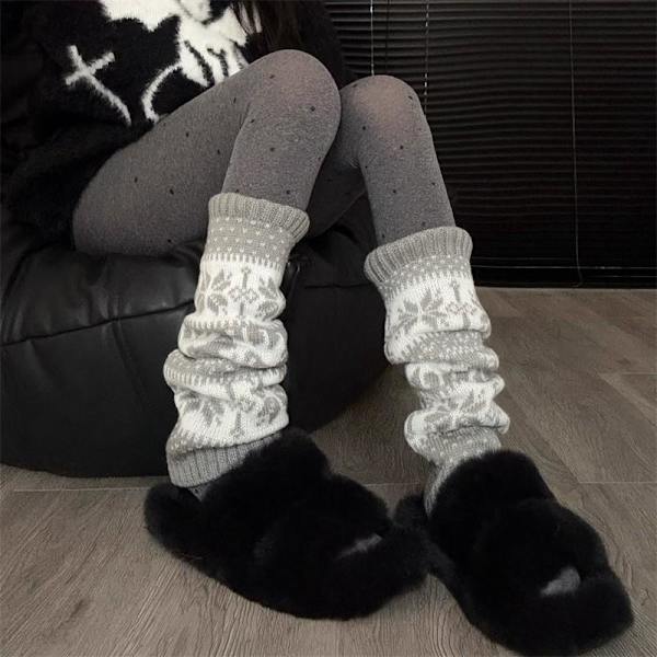 1 par damstrumpor höst vinter retro snöflinga strumpor varma stickade Gray