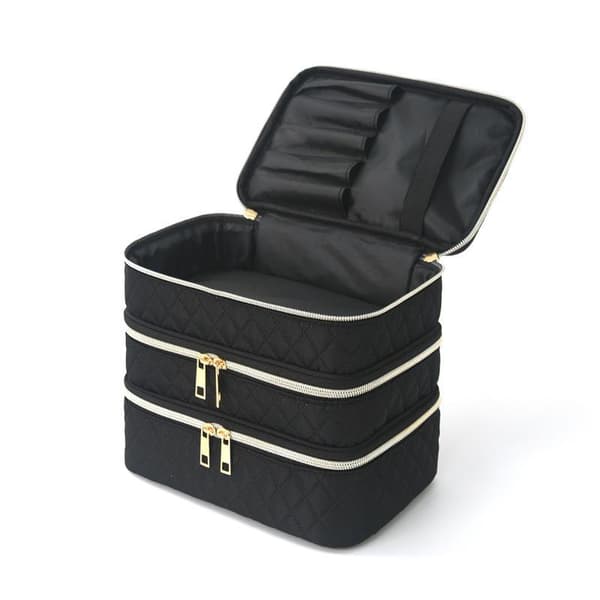 Tre-lags makeuptaske Stor kapacitet toilettaske Bærbar Tra Golden thread black
