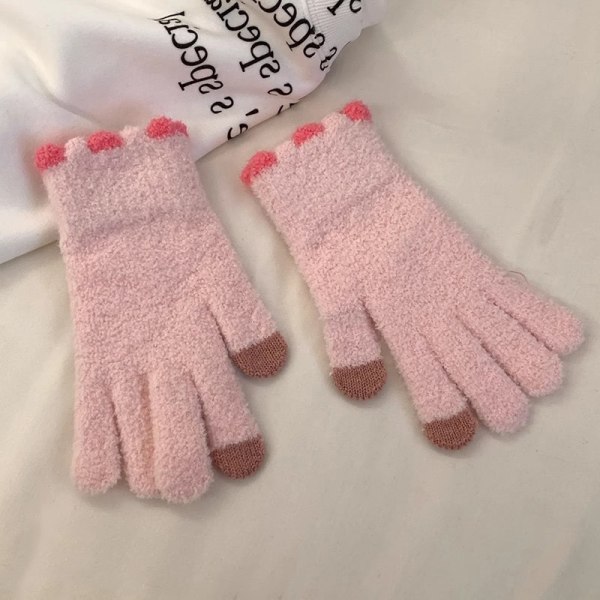 Vinter varme plysjhansker Candy Color Student Girl Knitted Touch Light pink