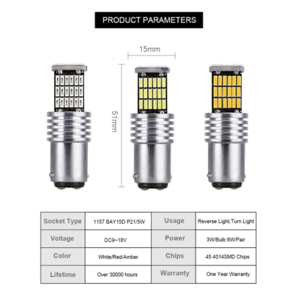 2 stk 1157 LED Canbus P21W/5W Bay15d 45 LED pære Red