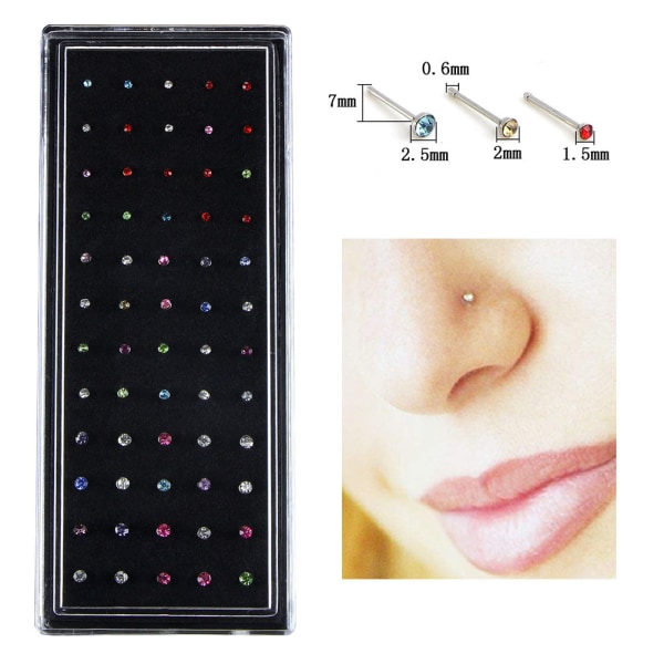 60 STK/Sæt Rhinestone Nose Ring Bone Stud rustfrit stål Multicolor