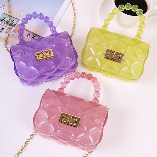 Mini Transparent Quiltad Jelly Handväska Pärlhandtag Avtagbar A7