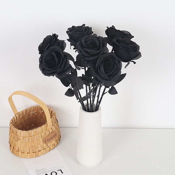 Svart Silke Kunstig Rose Blomst Halloween Gotiske Blomster Bryllup 5