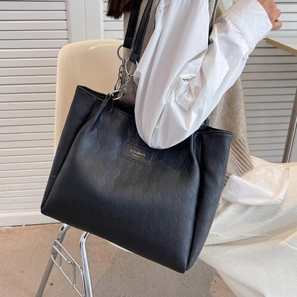 Preget Argyle-mønster Tote Bag Kvinner Stor Kapasitet Pendling S Black
