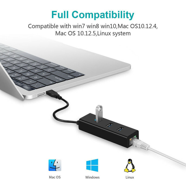 3-portar USB 3.0 Gigabit Ethernet Lan RJ45 nätverksadapterhubb