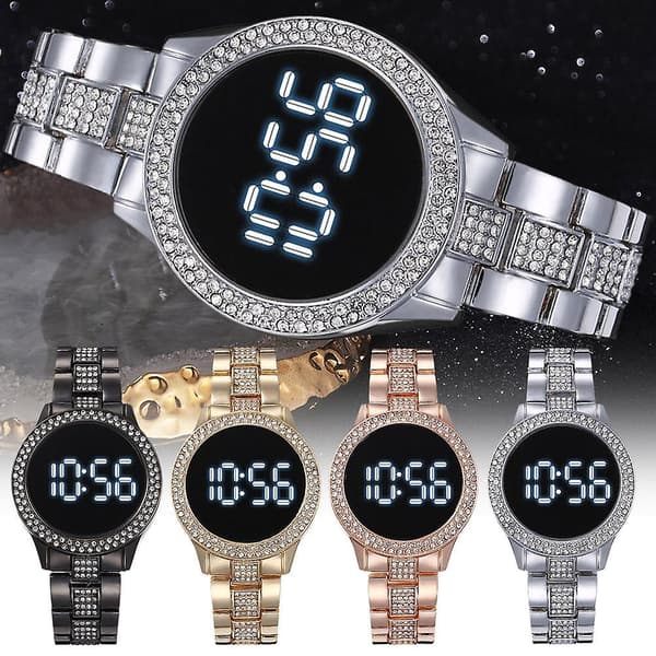 Rostfritt Stål LED Klocka, Dubbel Rad, Strass, Multifunktion, Magnetiskt Spänne, Digital Klocka