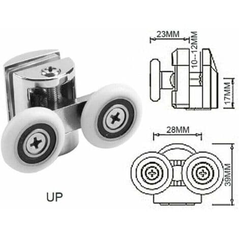 Sett med 4 doble ruller - for skyvedører til dusj, 2 baderomsruller laget av sinklegering, 23 mm diameter