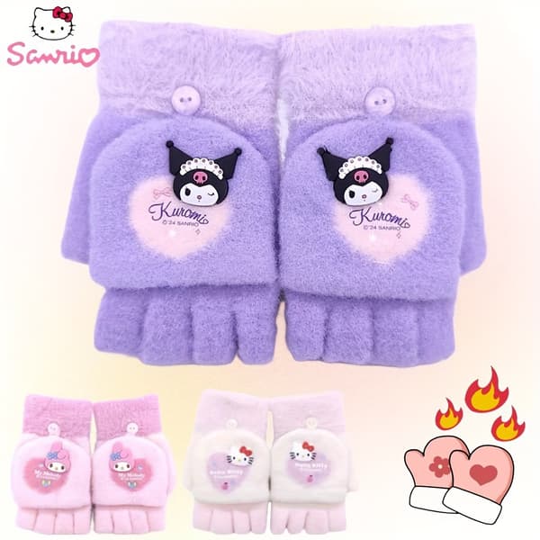 1 par Sanrio Hellokitty Kuromi Melody Vinter Strikkede Halvfingerhandsker Udendørs Kuldebeskyttelse Og Varme Søde Handsker Egnet
