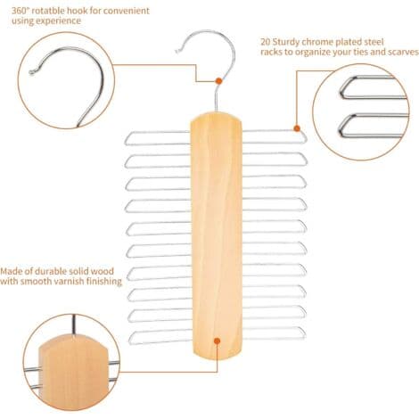 Træ slips-/bæltekroge, 20 pladser, naturlig træfarve, 16 cm, sæt med 2