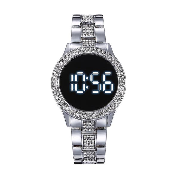 Rostfritt Stål LED Klocka, Dubbel Rad, Strass, Multifunktion, Magnetiskt Spänne, Digital Klocka
