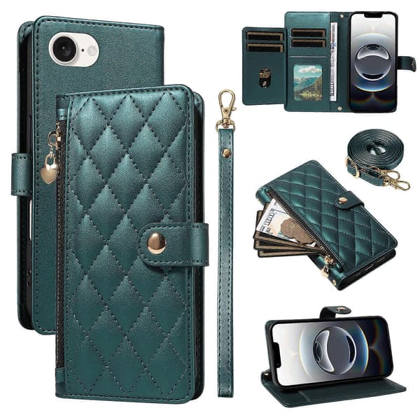 Kompatibel iPhone 16e Wallet Case med stropper, Rhombus læder stand telefoncover
