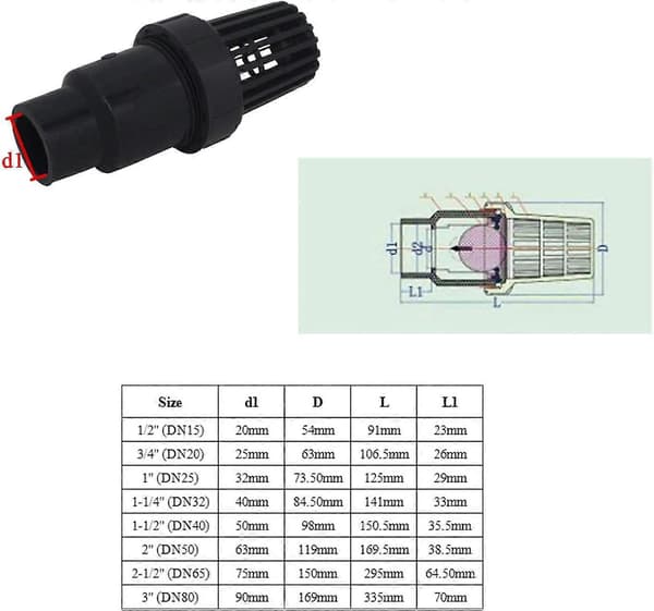 Fodventil kontraventil med kuglesug, 25 32 40mm si-ventil, pvc-pumpe (indvendig diameter 25mm)