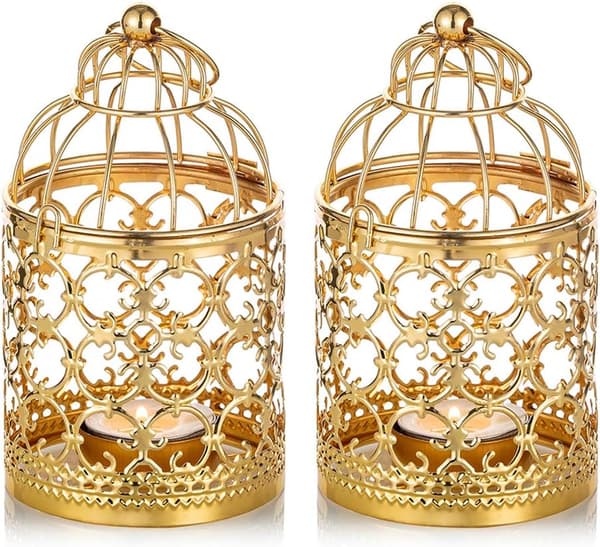 Lantern Ramadan Dekor Te Lys - 2 Stykker Gull Hengende Te Lys Lysestake Lanterner Metall
