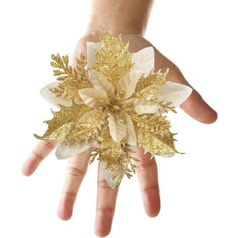 Sett med 12 glitterjuleblomster (15 cm) med 12 kunstige julestjerner til juletre (Gull)