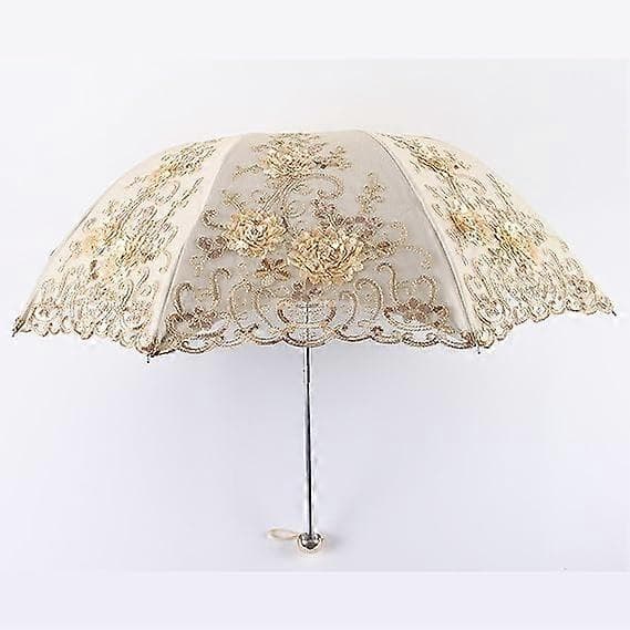 Vintage spets UV solparasoll vikbart 3D blomsterbroderi paraply