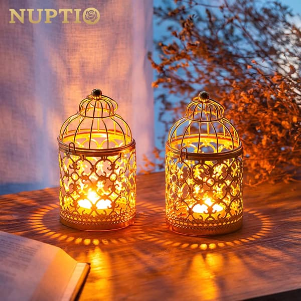 Lantern Ramadan Dekor Te Lys - 2 Stykker Gull Hengende Te Lys Lysestake Lanterner Metall