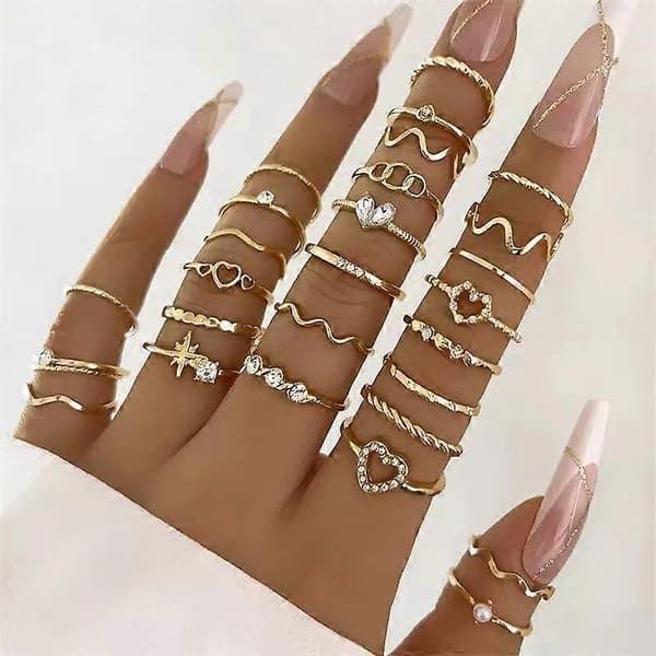 28 STK Boho Element, Geometrisk Gnist Vintage Ringsæt, Moderigtig Ring, Hjerte Design