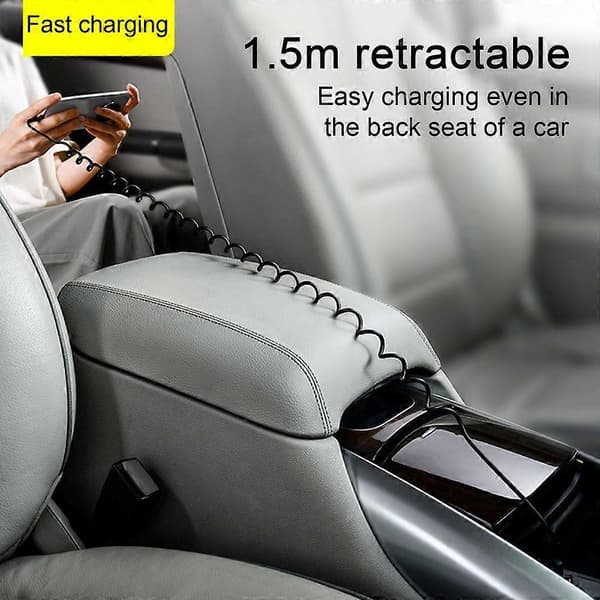 USB til USB C spiralkabel uttrekkbar billaderkabel kompatibel iPhone for Android dataoverføring fjærdesign 5A hurtigladekabel