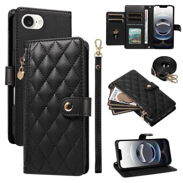 Kompatibel iPhone 16e Wallet Case med stropper, Rhombus læder stand telefoncover