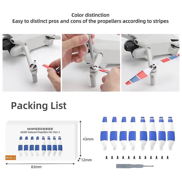 8 stk. propeller kompatible til DJI Mini 3 drone tilbehør dobbeltsidet farverig 6030f klinge lavere