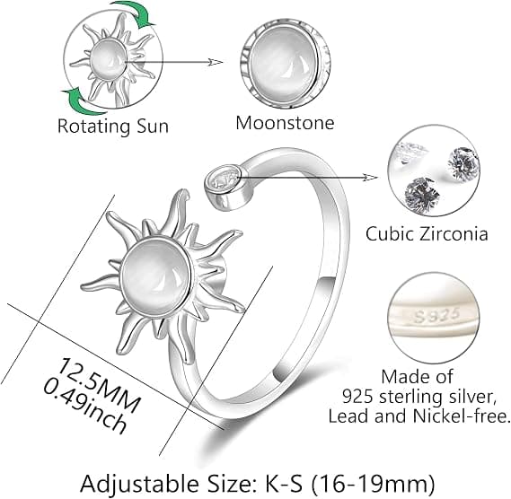Roterende Ring 925 Sterling Sølv Fidget Angst Ringe Åben Justerbar Ring Måne og Stjerne Ring Månesten Sol Ring til Kvinder