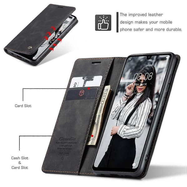 CASEME 013 Series Auto-absorberende Læderpung Etui til Huawei P30 Lite New Edition/P30 Lite/nova 4e [DB]