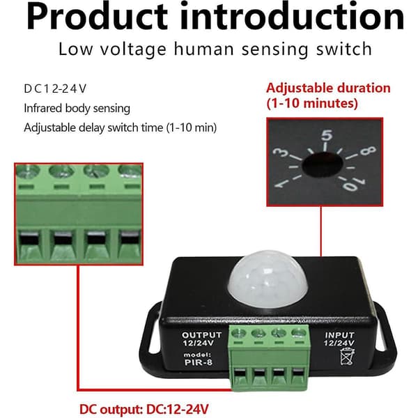 LED bevegelsessensor 12V/24V DC, bevegelsessensor kropp infrarød bevegelse PIR-sensorbryter automatisk trådløs