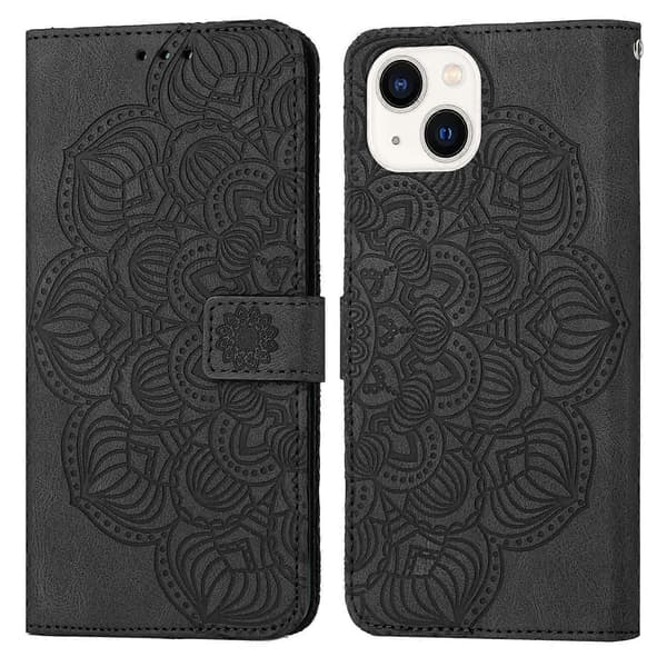 För iPhone 14 Plus Mandala präglat flip-läderfodral