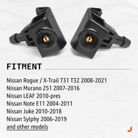 Sett med 2 vindusspylerdyser for Nissan X-Trail (2007–2021), Juke (2010–2018), Note (2004–2011), Leaf (2010–nå), Murano, Pathfinder og Tiida