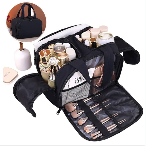 Multifunksjonell sminkeveske med stor kapasitet for reise, beige